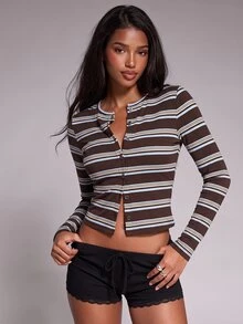 Nooralise Fashionable Sporty Style Multi-Color Striped Button-Up Cardigan T-Shirt - Multicolor - View 1