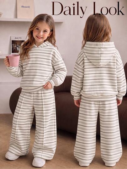 Kids Young Girl Casual Loose Drop Shoulder Long Sleeve Hoodie Sweatshirt And Pleated Wide Leg Sweatpants Set