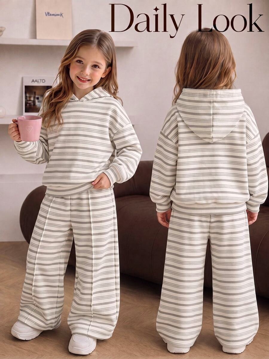 Setelan Anak Perempuan Kasual Longgar Lengan Panjang dengan Hoodie dan Celana Jogging Lebar Berlipit - MultiWarna - View 1