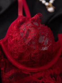 SHEIN 2件組蕾絲鋼圈透視性感休閒睡裙 新婚蜜月夜穿酒紅色洋裝 - 酒紅色 - 查看 4