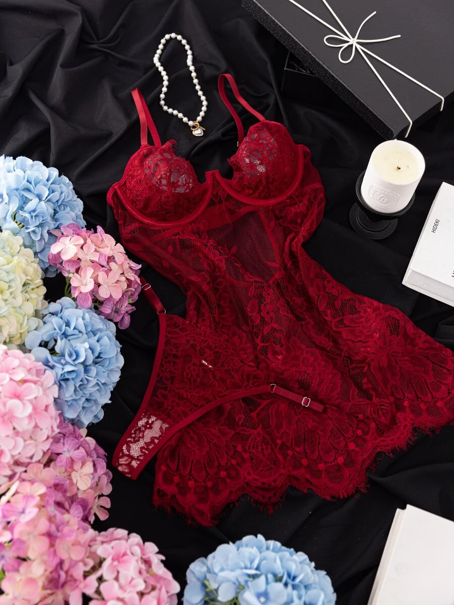 SHEIN 2件組蕾絲鋼圈透視性感休閒睡裙 新婚蜜月夜穿酒紅色洋裝 - 酒紅色 - 查看 1