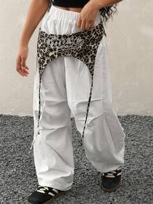 青少年女孩夏季街頭風 Y2K 音樂節豹紋與白色拼接配色降落傘長褲 - 白色 - 查看 3
