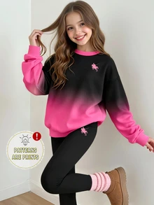 Tween Girls 1 Set Fall Outfits Pink Black Gradient Pony Print Crew Neck Sweatshirt & Black Leggings Fall Clothes Winter - Multicolor - View 4