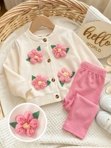 1套女嬰秋季服飾 花卉開襟外套與粉色長褲，休閒可愛長袖秋冬套裝 - 彩色 - 查看 3