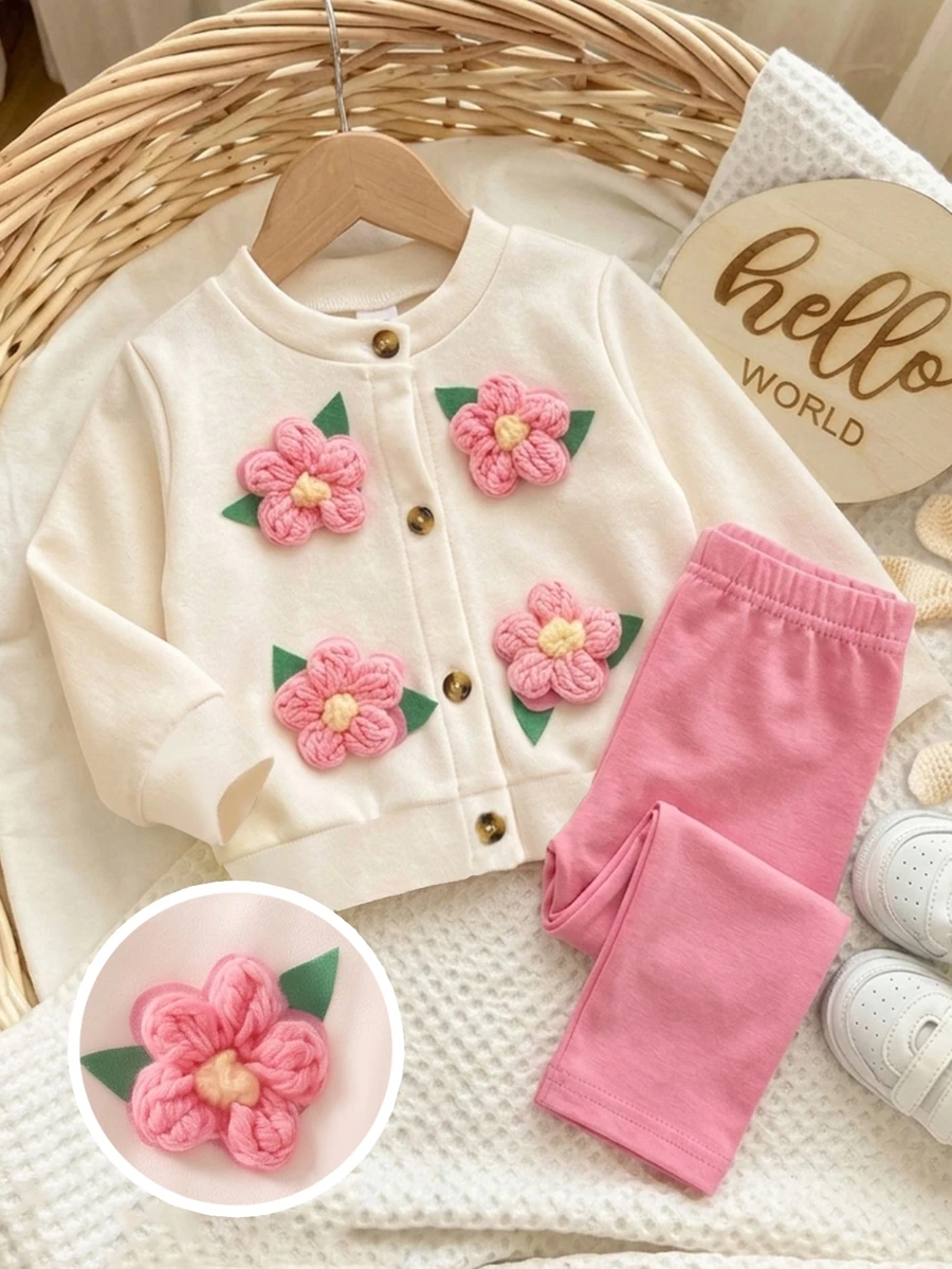 1 Set Baby Girls Fall Clothes Floral Cardigan Jacket & Pink Long Pants, Casual Cute Long Sleeve Autumn Winter Outfit - Multicolor - View 1