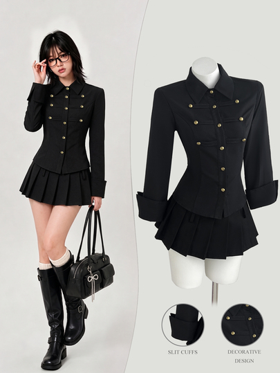 Elamini Chemise style militaire Napoléon noire à taille courte et manches longues