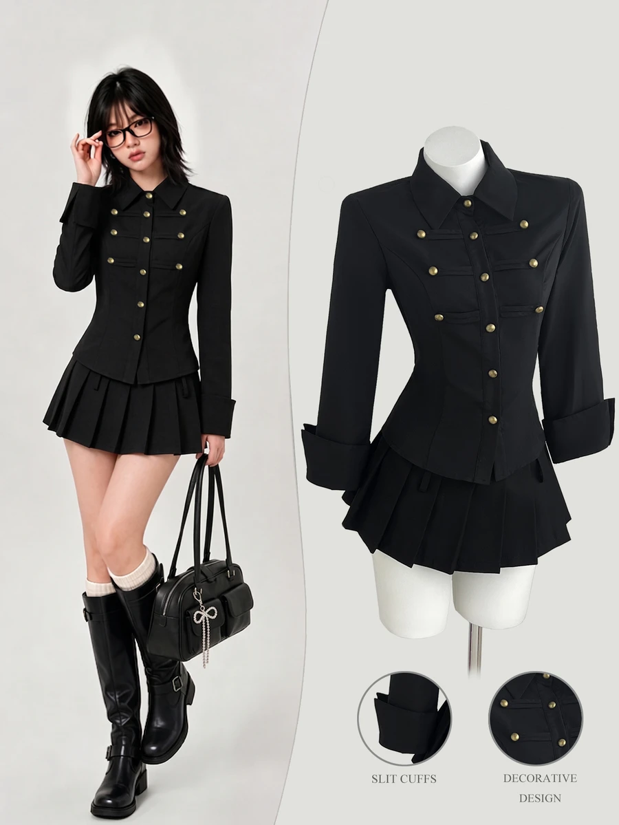 Elamini Napoleon Military Style Black Short Waist Long Sleeve Shirt for ...