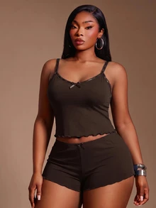 SHEIN SXY Plus Size Women Lace Trim Camisole And Shorts Casual Soft Form Cute Daily 2 Pieces Set Night Brunch Brown Summer - Coffee Brown - View 8