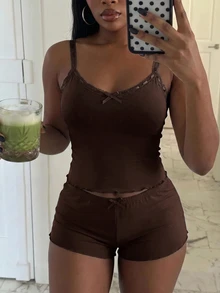 SHEIN SXY Plus Size Women Lace Trim Camisole And Shorts Casual Soft Form Cute Daily 2 Pieces Set Night Brunch Brown Summer - Coffee Brown - View 9