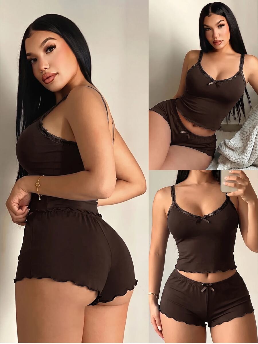 SHEIN SXY Plus Size Women Lace Trim Camisole And Shorts Casual Soft Form Cute Daily 2 Pieces Set Night Brunch Brown Summer - Coffee Brown - View 1