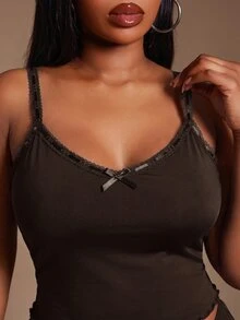 SHEIN SXY Plus Size Women Lace Trim Camisole And Shorts Casual Soft Form Cute Daily 2 Pieces Set Night Brunch Brown Summer - Coffee Brown - View 6