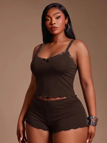 SHEIN SXY Plus Size Women Lace Trim Camisole And Shorts Casual Soft Form Cute Daily 2 Pieces Set Night Brunch Brown Summer - Coffee Brown - View 5
