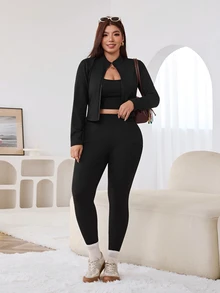 Solflare New Fall/Winter Plus Size Black 3-Piece Solid Casual Jacket & Pants Set, High-Stretch Warm Fuzzy Knit For Home, Work, Sport, Outings, Dates & School - Black - View 6