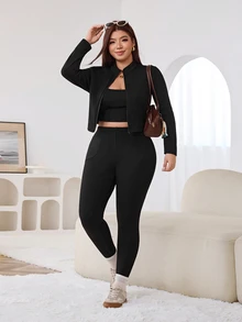 Solflare New Fall/Winter Plus Size Black 3-Piece Solid Casual Jacket & Pants Set, High-Stretch Warm Fuzzy Knit For Home, Work, Sport, Outings, Dates & School - Black - View 8