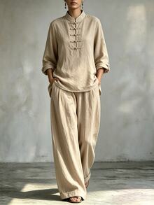 Trelyra Women's Beige Casual Two Pieces Set Frog-Button Top Loose, Wide-Leg Trousers Everyday Tea Party Autumn - Khaki - View 2