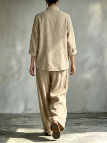 Trelyra Women's Beige Casual Two Pieces Set Frog-Button Top Loose, Wide-Leg Trousers Everyday Tea Party Autumn - Khaki - View 3