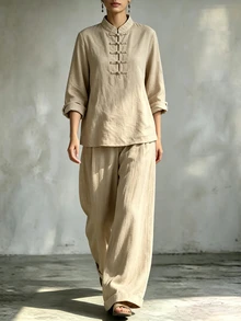 Trelyra Women's Beige Casual Two Pieces Set Frog-Button Top Loose, Wide-Leg Trousers Everyday Tea Party Autumn - Khaki - View 7