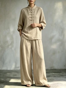 Trelyra Women's Beige Casual Two Pieces Set Frog-Button Top Loose, Wide-Leg Trousers Everyday Tea Party Autumn - Khaki - View 6
