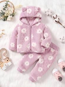 Baby Girl Fluffy Floral Print Long Sleeve Winter Autumn Jacket And Pants Casual Daily Outfit - Pink - View 9
