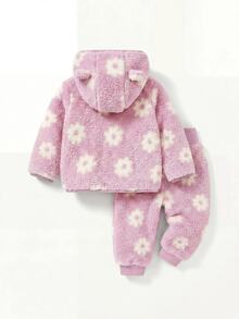 Baby Girl Fluffy Floral Print Long Sleeve Winter Autumn Jacket And Pants Casual Daily Outfit - Pink - View 2
