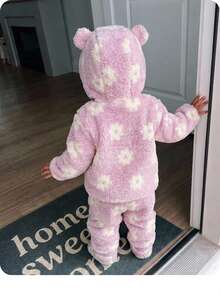 Baby Girl Fluffy Floral Print Long Sleeve Winter Autumn Jacket And Pants Casual Daily Outfit - Pink - View 10