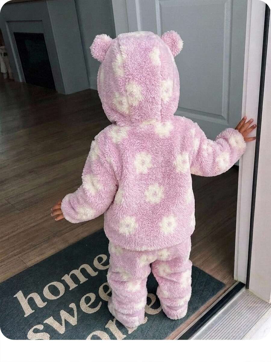 Baby Girl Fluffy Floral Print Long Sleeve Winter Autumn Jacket And Pants Casual Daily Outfit - Pink - View 1