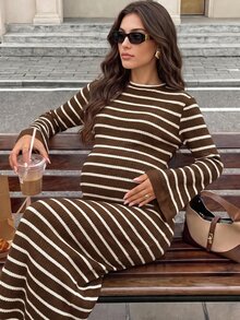 MaterniWear Maternity Minimalist Striped Colorblock Long Sleeve Dress Street Style Fall - Coffee - View 3