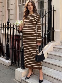 MaterniWear Maternity Minimalist Striped Colorblock Long Sleeve Dress Street Style Fall - Coffee - View 4