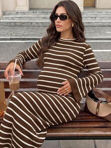 MaterniWear Maternity Minimalist Striped Colorblock Long Sleeve Dress Street Style Fall - Coffee - View 5