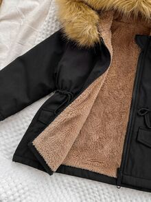 SHEIN Baby Girl Teddy Lined Fuzzy Trim Hooded Parka Winter Coat - Black - View 5