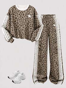 SHEIN 復古時尚豹紋摩卡棕與白色條紋，青少年女孩休閒寬鬆柔軟加厚落肩長袖圓領套頭衛衣與寬腿運動褲套裝，適合秋冬日常、街頭、戶外、運動、校園、返校季 - 白色 - 查看 4
