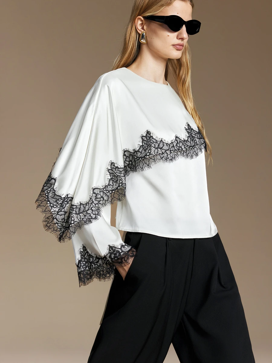 Ontre Contrast Eyelash Lace Batwing Sleeve Top - Apricot - View 1