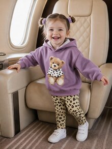 SHEIN Baby Girl Casual Cute Autumn/Winter Cartoon Pattern Sweatshirt And Elastic Waist Long Pants Set - Lilac Purple - View 3