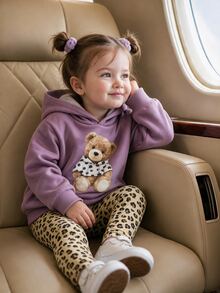 SHEIN Baby Girl Casual Cute Autumn/Winter Cartoon Pattern Sweatshirt And Elastic Waist Long Pants Set - Lilac Purple - View 2