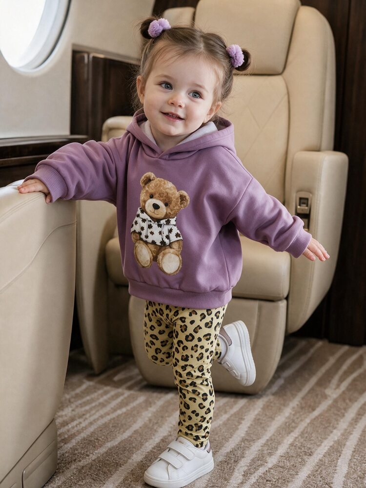 SHEIN Baby Girl Casual Cute Autumn/Winter Cartoon Pattern Sweatshirt And Elastic Waist Long Pants Set - Lilac Purple - View 1