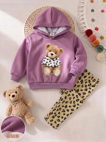 SHEIN Baby Girl Casual Cute Autumn/Winter Cartoon Pattern Sweatshirt And Elastic Waist Long Pants Set - Lilac Purple - View 4