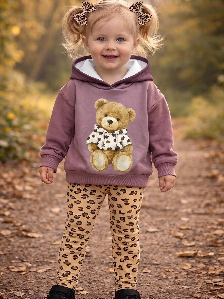 SHEIN Baby Girl Casual Cute Autumn/Winter Cartoon Pattern Sweatshirt And Elastic Waist Long Pants Set - Lilac Purple - View 1