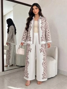 Modelyn 大尺碼女款優雅時尚咖啡色圖案長袖上衣與長褲套裝，秋季通勤套裝 - 咖啡棕 - 查看 5