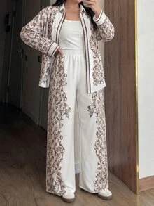 Modelyn 大尺碼女款優雅時尚咖啡色圖案長袖上衣與長褲套裝，秋季通勤套裝 - 咖啡棕 - 查看 1