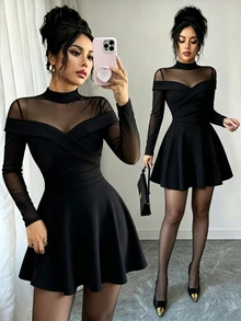 Selianne New Knit Elastic Solid Color Stand Collar Mesh Patchwork Long Sleeve A-Line Skirt Design Women's Short Dress - Black - View 5