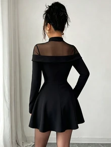 Selianne New Knit Elastic Solid Color Stand Collar Mesh Patchwork Long Sleeve A-Line Skirt Design Women's Short Dress - Black - View 2