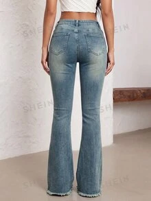 SHEIN Tall 磨損腰帶鈕扣低腰喇叭牛仔褲 - 中等水洗藍 - 查看 2
