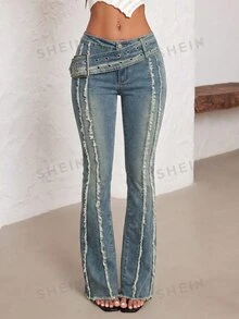 SHEIN Tall 磨損腰帶鈕扣低腰喇叭牛仔褲 - 中等水洗藍 - 查看 6