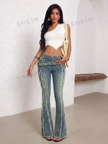 SHEIN Tall 磨損腰帶鈕扣低腰喇叭牛仔褲 - 中等水洗藍 - 查看 5