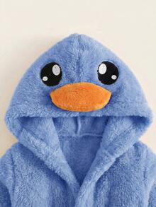 SHEIN Newborn Baby Boy/Girl Cartoon Duck 3D Pattern: Fleece Thick Hooded Long Sleeve Tie-Front Style Clothing Autumn Winter - Blue - View 3