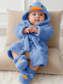 SHEIN Newborn Baby Boy/Girl Cartoon Duck 3D Pattern: Fleece Thick Hooded Long Sleeve Tie-Front Style Clothing Autumn Winter - Blue - View 1