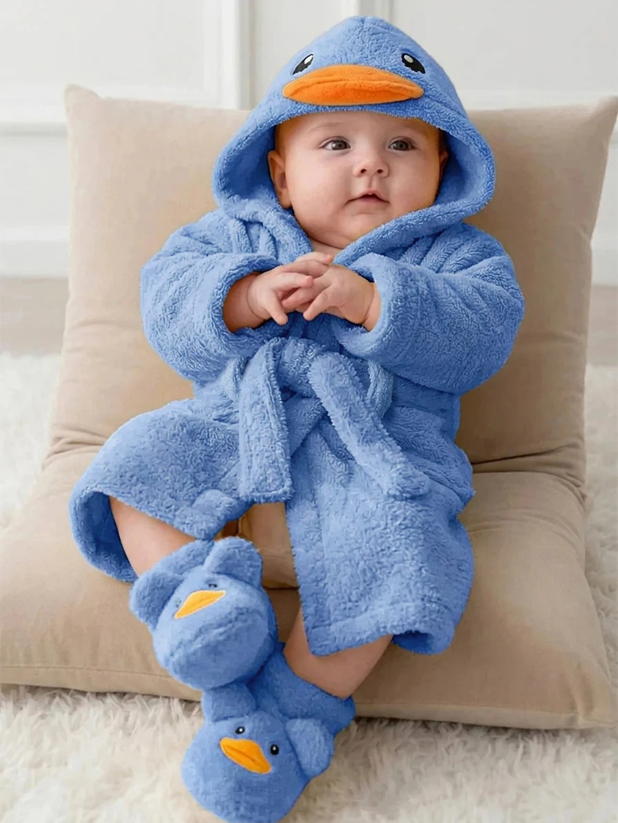 SHEIN Newborn Baby Boy/Girl Cartoon Duck 3D Pattern: Fleece Thick Hooded Long Sleeve Tie-Front Style Clothing Autumn Winter - Blue - View 1