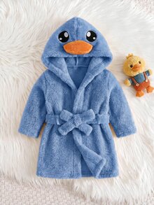 SHEIN Newborn Baby Boy/Girl Cartoon Duck 3D Pattern: Fleece Thick Hooded Long Sleeve Tie-Front Style Clothing Autumn Winter - Blue - View 2