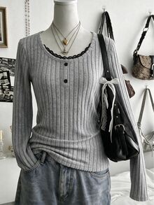 SHEIN 青少年女孩秋季風格灰色羅紋針織上衣，優雅黑色蕾絲飾邊圓領前開鈕扣長袖T恤，修身休閒服飾，適合青少年女孩與前青春期女孩 - 灰色 - 查看 5