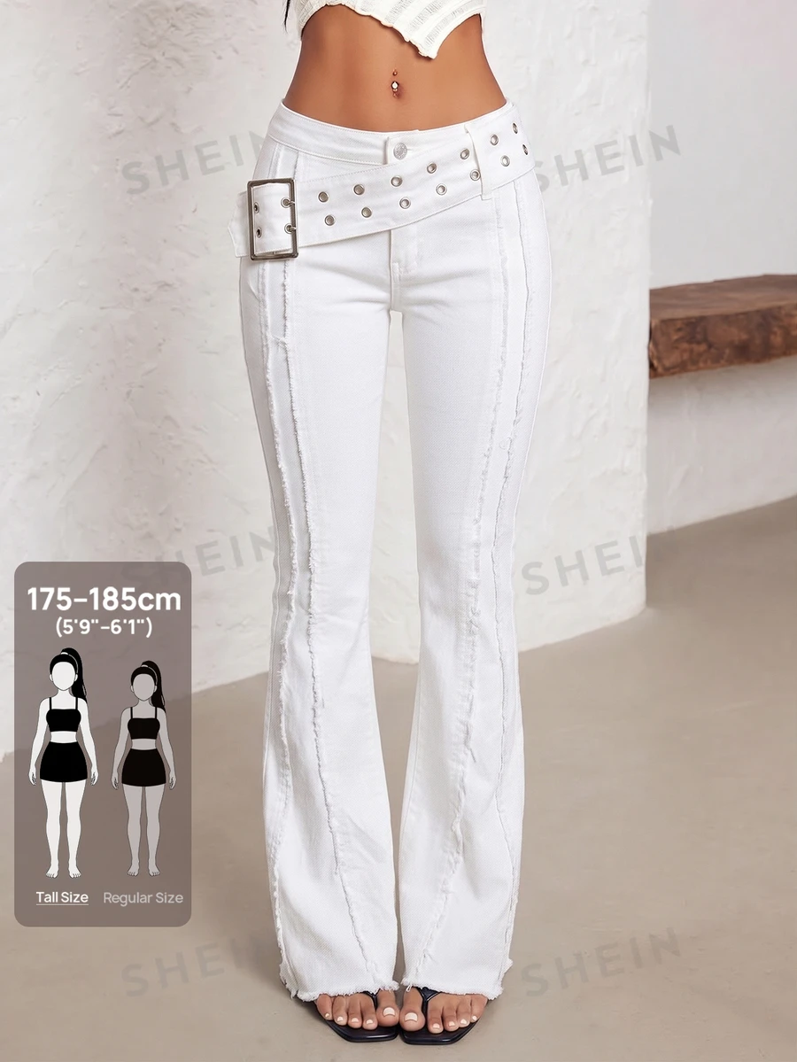 SHEIN Tall 女款低腰鏤空設計毛邊牛仔褲 - 白色 - 查看 1